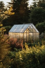 Minimalist Greenhouse Amidst Lush Garden at Sunset for Tranquil Design Inspiration