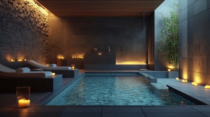 Fototapeta premium Cozy spa facility with heated pool and scented candles, ready for content on the left.