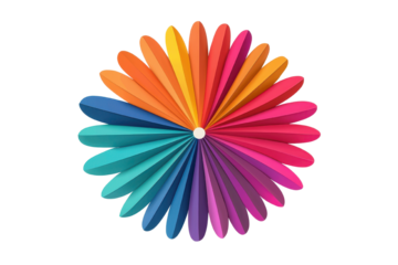 Colorful paper fan design, vibrant hues, isolated on white background.