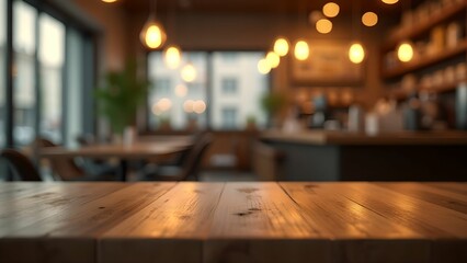 Fototapeta premium Empty wooden table in focus with a blurred coffee shop setting in the background. 
