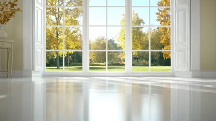 Fototapeta premium Bright and Airy Interior with Scenic Autumn Landscape Through Large Window