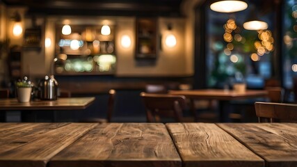 Empty wooden table in focus with a blurred coffee shop setting in the background. 