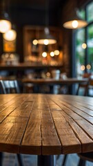 Empty wooden table in focus with a blurred coffee shop setting in the background. 