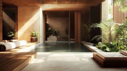 Elegant spa retreat with wooden elements and a still pool, with an open left area for text inclusion.