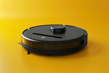 Robot vacuum cleaner on a bright yellow background during a product showcase