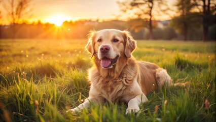 Golden Retriever Dog Enjoying Outdoors at a Large Grass Field at Sunset