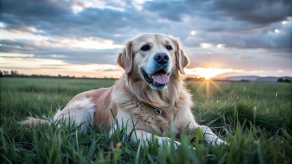 Golden Retriever Dog Enjoying Outdoors at a Large Grass Field at Sunset