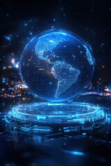 Intricate hologram of Earth suspended in the cosmos, showcasing vibrant data patterns and celestial beauty.