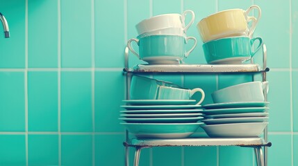 Neatly Organized Turquoise Vintage Style Kitchen Dishes and Cookware on Open Shelving