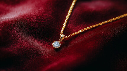Fototapeta premium Delicate Gold Necklace with a Diamond Pendant Resting on a Velvet Surface, Elegant and Refined