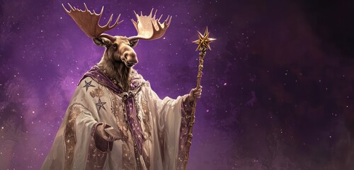 A moose dressed as a wizard, star-patterned robe and staff in hand, purple gradient behind.