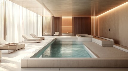 Spacious spa area featuring a heated indoor pool surrounded by minimalist furniture, ideal for adding text on the left.