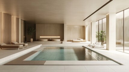 Spacious spa area featuring a heated indoor pool surrounded by minimalist furniture, ideal for adding text on the left.