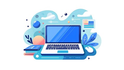 Laptop and abstract background, flat vector illustration