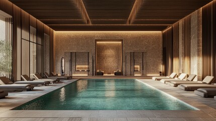 Top-tier gym and spa featuring a calm poolside ambiance and loungers, text area perfectly aligned on the left