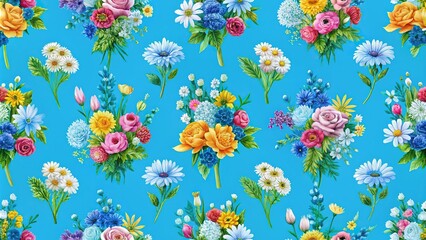 Tilted angle seamless pattern of blue background with flowers