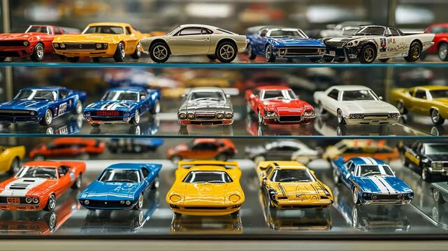 A display case with several rows of small model cars in a store