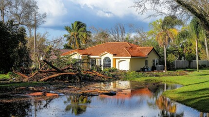 Fototapeta premium Florida storm damage in an affluent neighborhood, highlighting roof damage, fallen trees, and water-soaked property. A vivid depiction of the storm's destructive force