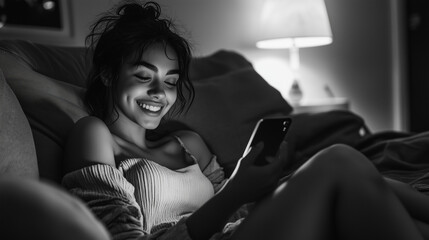 Obraz premium Young woman happily using her smartphone in bed at night, creating a cozy and tranquil atmosphere as she smiles