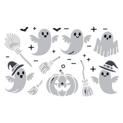Happy Halloween Day element background vector. Cute collection of spooky ghost, pumpkin, bat, skull, candle. Adorable halloween festival illustration elements for decoration, prints.