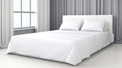 Fototapeta premium Elegant and Cozy Minimalist Bedroom with Soft White Bedding and Gray Curtains