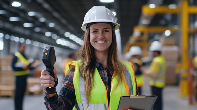 A smiling woman in a safety vest and hard hat holds a scanning device in a warehouse filled with workers and boxes.