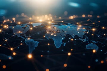 Globe world map with glowing dots and connecting lines. Global business concept of connections and information transfer. Worldwide network connection, digital art illustration. 