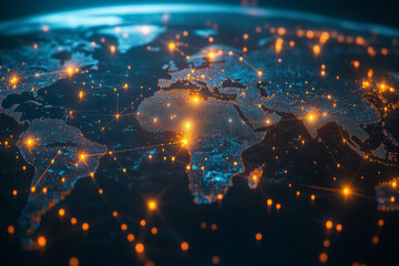 Globe world map with glowing connecting lines. Global business concept of connections and information transfer. Worldwide network connection, digital art illustration. 