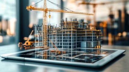 A digital construction model displayed on a tablet with a crane, illustrating modern architecture and technology in building design.