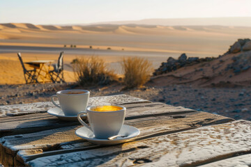 Enjoying a Serene Breakfast With Coffee While Gazing at the Enchanting Sahara Desert at Sunrise