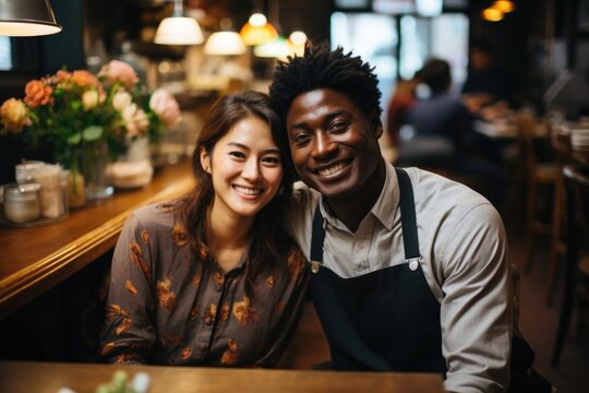 Cheerful afro american and asian small business partners at cafe