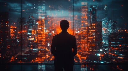 Businessman Analyzing Data on Digital Screens with City Skyline Background