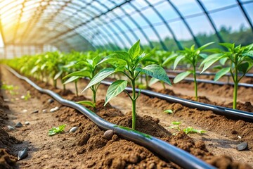 Tilted angle view of pepper seedlings being watered through drip irrigation system in greenhouse