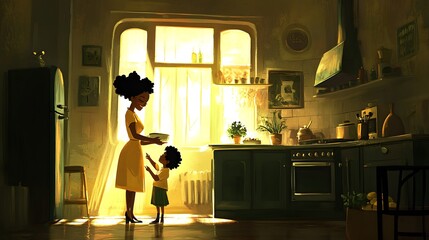 Naklejka premium A Black mother and child enjoy a warm moment in a sunny kitchen.