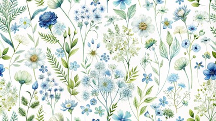 Blue flowers with wheat in watercolor style. A serene watercolor painting of blue flowers intertwined with golden wheat stalks. Bouquet with delicate abstract blue flowers, grasses and plants