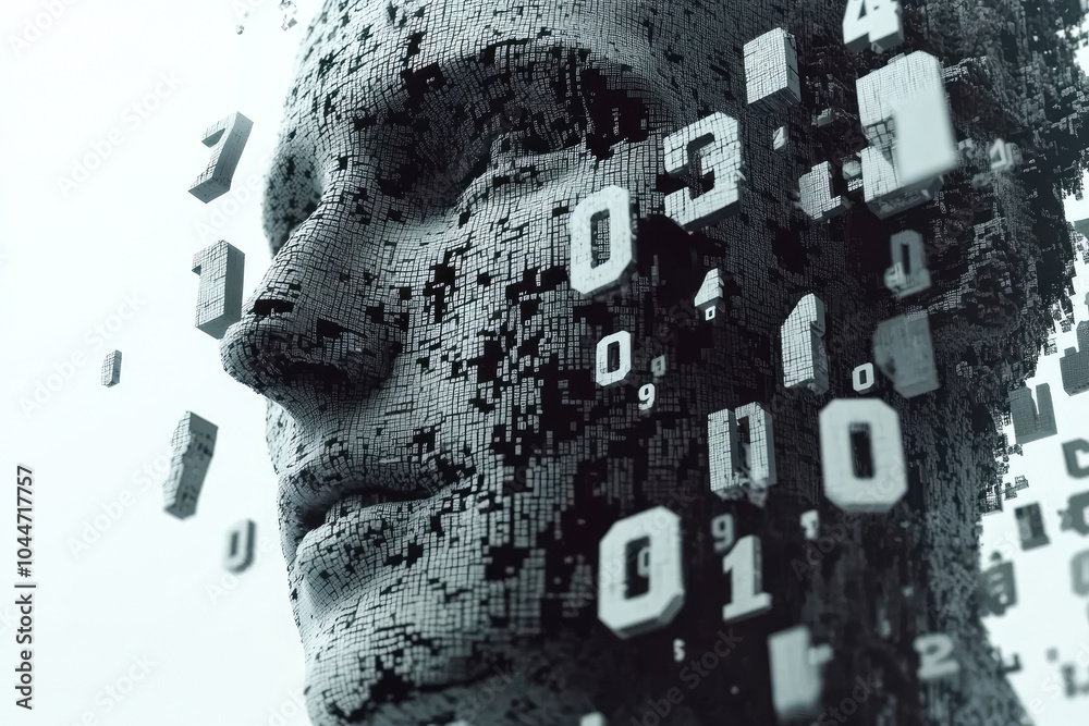 Poster a face constructed from digital voxels and numerical data, emphasizing technology and the intricate 