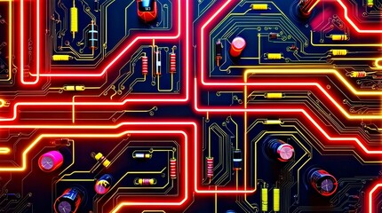 futuristic circuit board with red and yellow neon lights