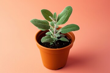 Obraz premium Green sage plant in a terracotta pot against a peach background