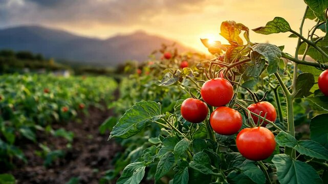 Ripe tomatoes hang on a vine in a field at sunset