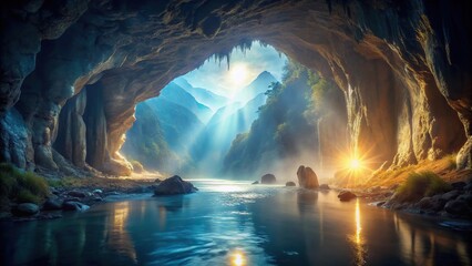 Silhouette of mystical glowing cavern with river and distant light