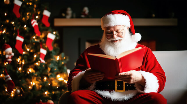 A joyful Santa Claus reads a book by the Christmas tree, surrounded by festive decorations and stockings, embodying the warmth of the holiday season.