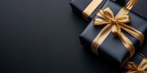 A stunning display of black gift boxes wrapped in gold ribbon against a dark background, evoking luxury, mystery, and sophistication for a stylish occasion.