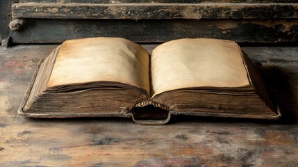 Obraz premium Hardcover book open on a rustic wooden desk, blank pages facing upward. A perfect dark academia scene, with rich textures and an intellectual, vintage atmosphere