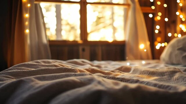 A bed is made with white sheets and a pillow, with fairy lights strung nearby, in a room with a window overlooking trees