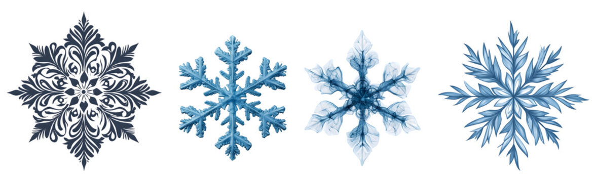 Four intricate snowflake designs in shades of blue and white, showcasing unique patterns.