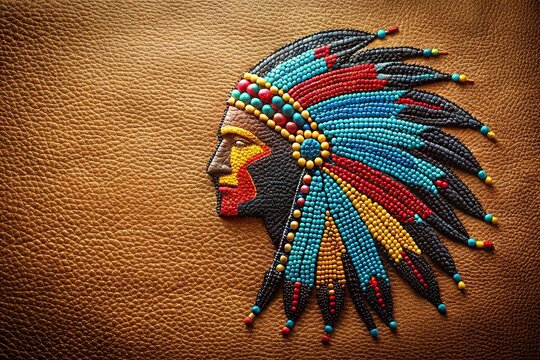 Silhouette of Native American beadwork art on leather fabric