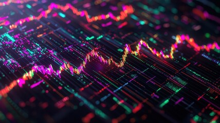 Fototapeta premium Glowing financial line graph illustrating upward trends and growth in investment performance over time.