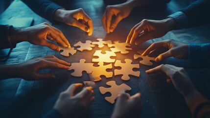 Invisible Hands Assembling Colorful Puzzle Pieces in a Business Concept Scene