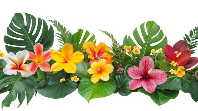 Tropical flowers border nature plants outdoors isolated on a white background