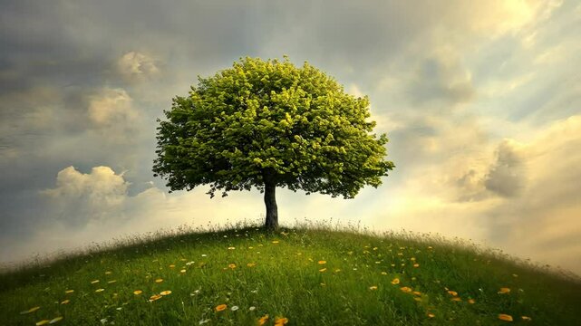 A single tree stands tall on a grassy hill, with fluffy white clouds in the sky